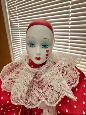 Vintage Harlequin Porcelain Doll with Stand; Flexible Moving Body